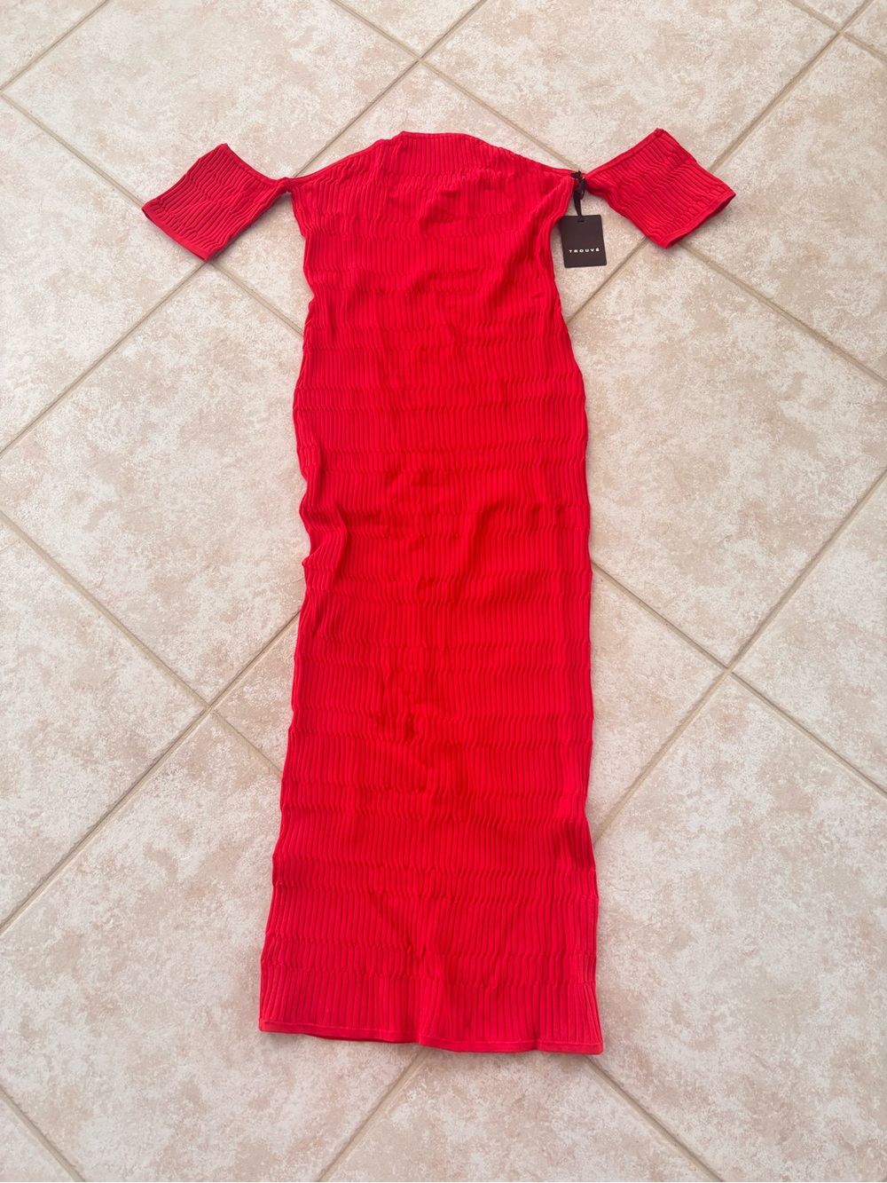 Off-the-Shoulder Red Ribbed Midi Dress